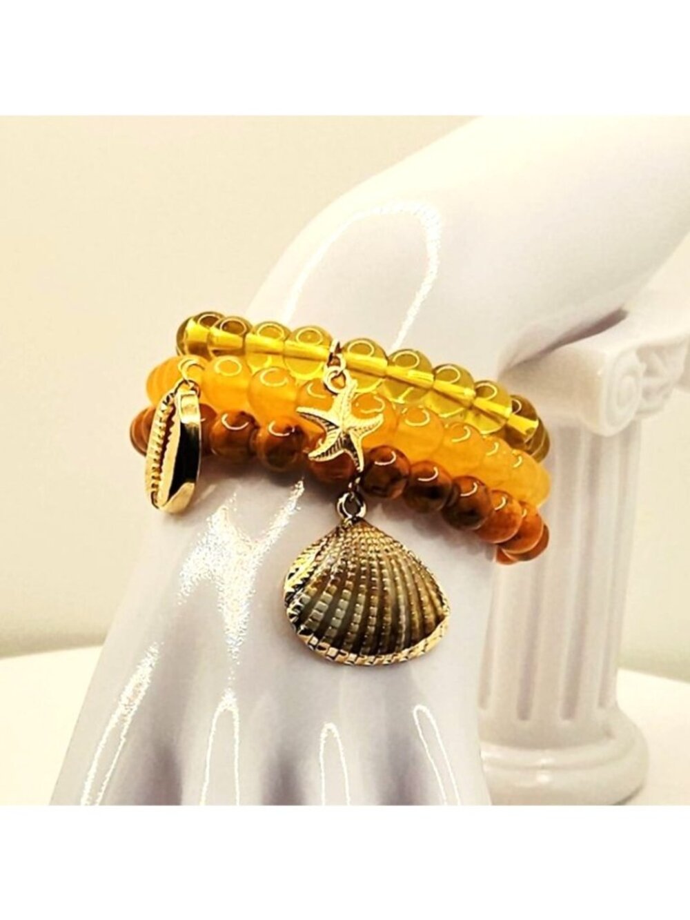 Coastal Shell Bracelet Stack, Beachy Beaded Bracelets, Starfish Charm Jewelry